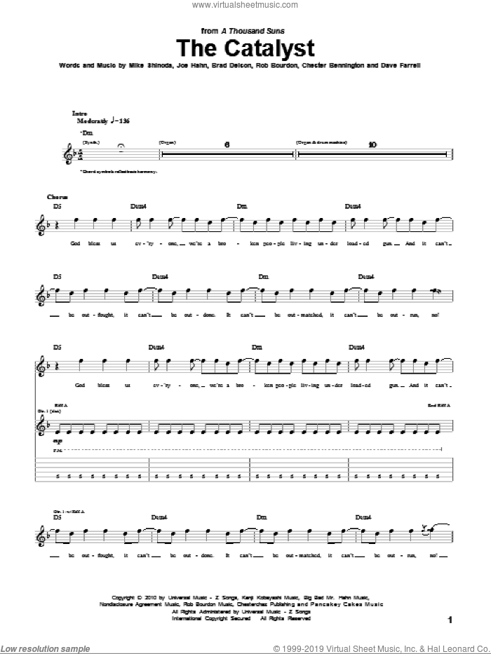The Catalyst sheet music for guitar (tablature) by Linkin Park, Brad Delson, Chester Bennington, Dave Farrell, Joseph Hahn, Mike Shinoda and Rob Bourdon, intermediate skill level