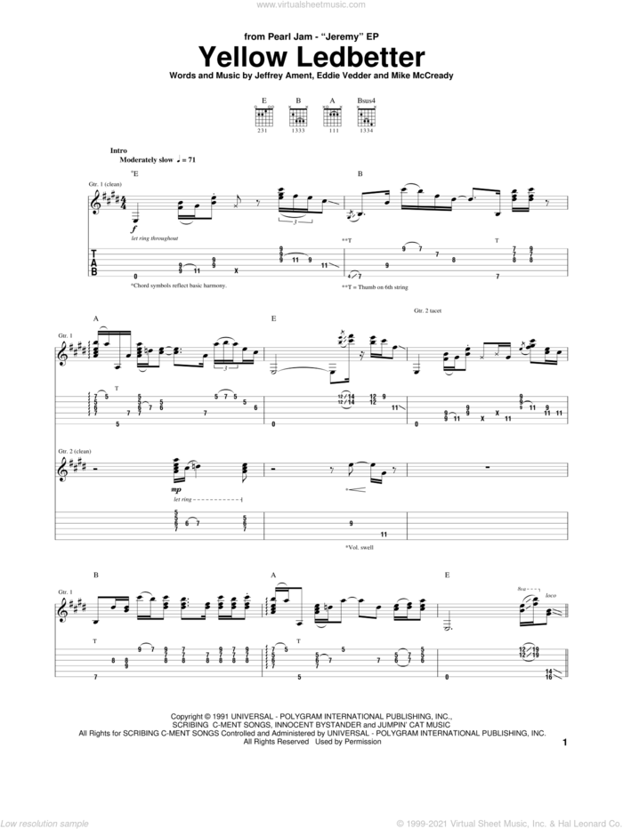 Yellow Ledbetter sheet music for guitar (tablature) by Pearl Jam, Eddie Vedder, Jeffrey Ament and Mike McCready, intermediate skill level