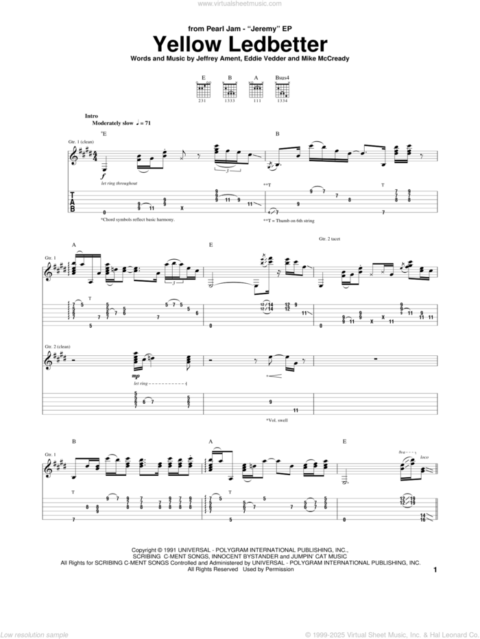 Yellow Ledbetter sheet music for guitar (tablature) by Pearl Jam, Eddie Vedder, Jeffrey Ament and Mike McCready, intermediate skill level