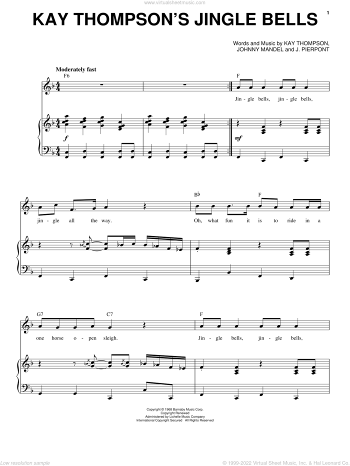Kay Thompson's Jingle Bells sheet music for voice and piano by Andy Williams, James Pierpont, Johnny Mandel and Kay Thompson, intermediate skill level