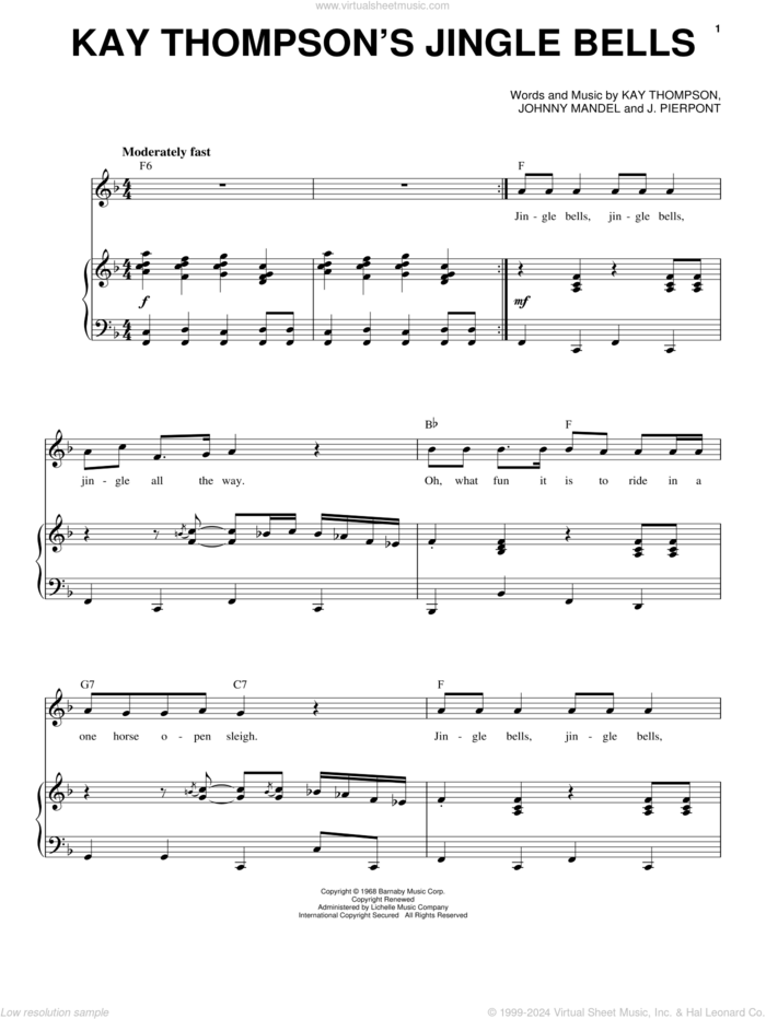 Kay Thompson's Jingle Bells sheet music for voice and piano by Andy Williams, James Pierpont, Johnny Mandel and Kay Thompson, intermediate skill level