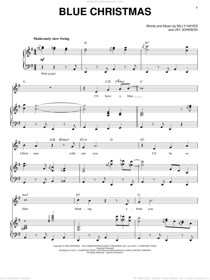 Blue Christmas sheet music for voice and piano by Andy Williams, Elvis Presley, Billy Hayes and Jay Johnson, intermediate skill level