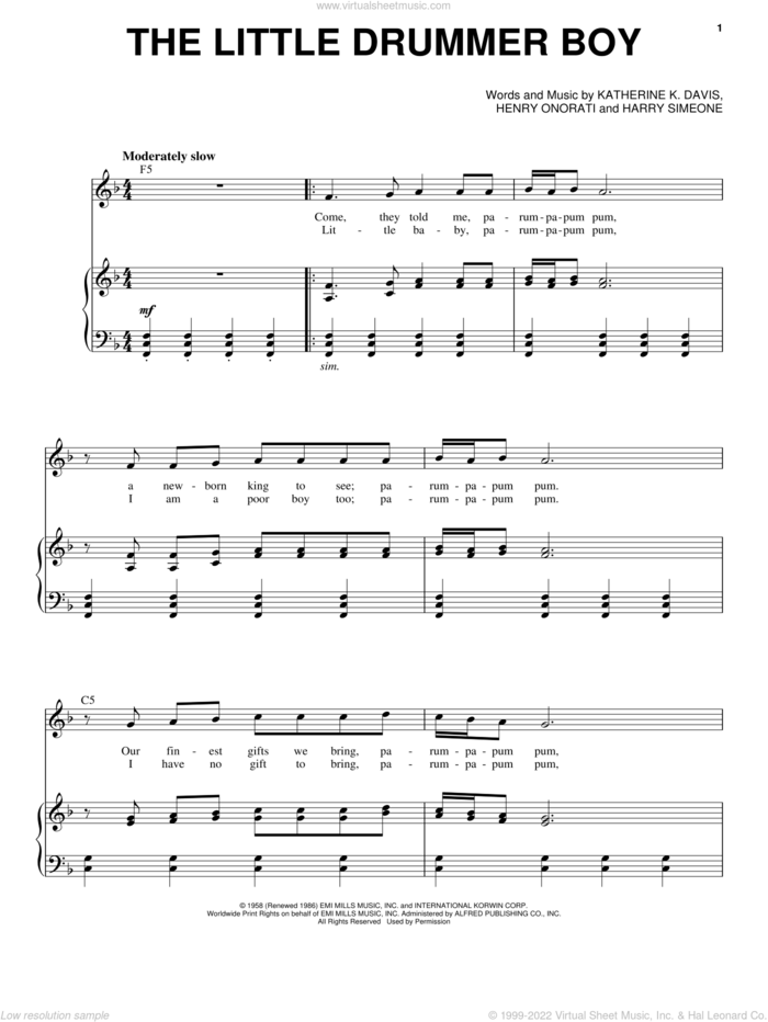 The Little Drummer Boy sheet music for voice and piano by Andy Williams, Henry Onorati and Katherine Davis, intermediate skill level