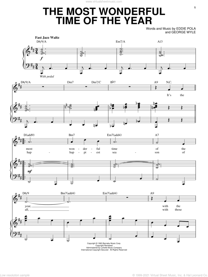The Most Wonderful Time Of The Year sheet music for voice and piano by Andy Williams, Eddie Pola and George Wyle, intermediate skill level