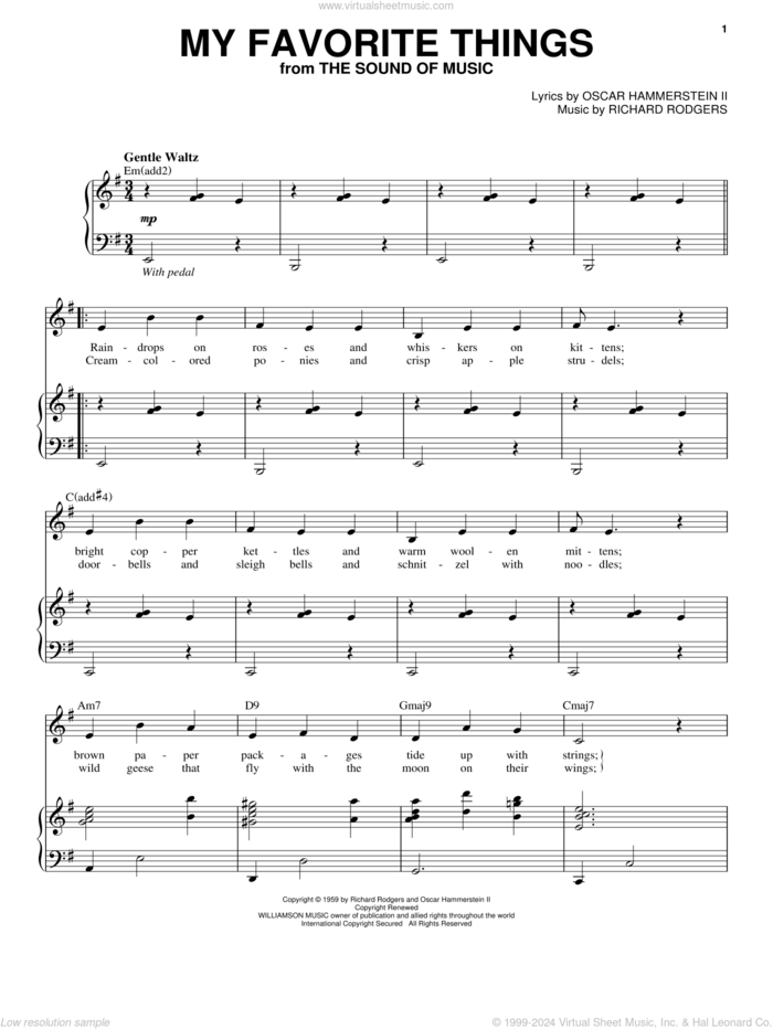 My Favorite Things sheet music for voice and piano by Andy Williams, Rodgers & Hammerstein, The Sound Of Music (Musical), Oscar II Hammerstein and Richard Rodgers, intermediate skill level