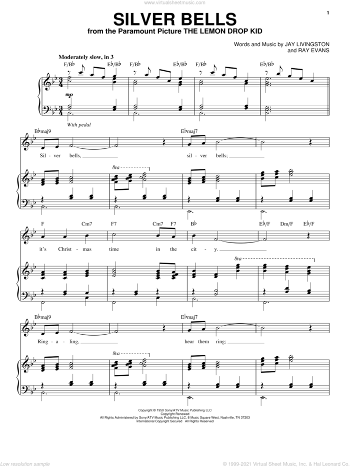 Silver Bells sheet music for voice and piano by Andy Williams, Jay Livingston and Ray Evans, intermediate skill level