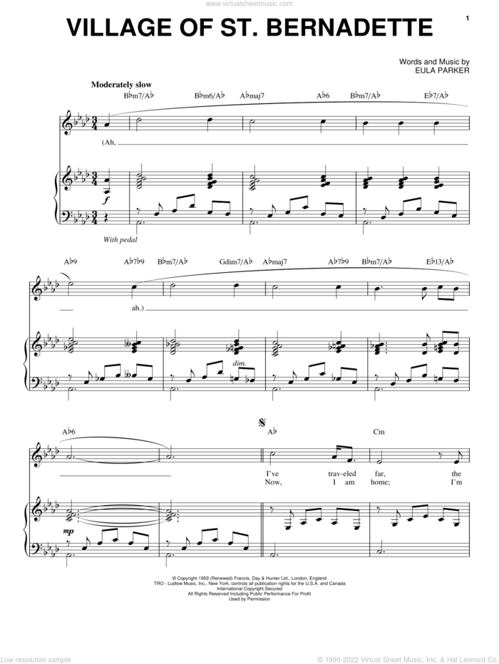 Village Of St. Bernadette sheet music for voice and piano by Andy Williams and Eula Parker, intermediate skill level