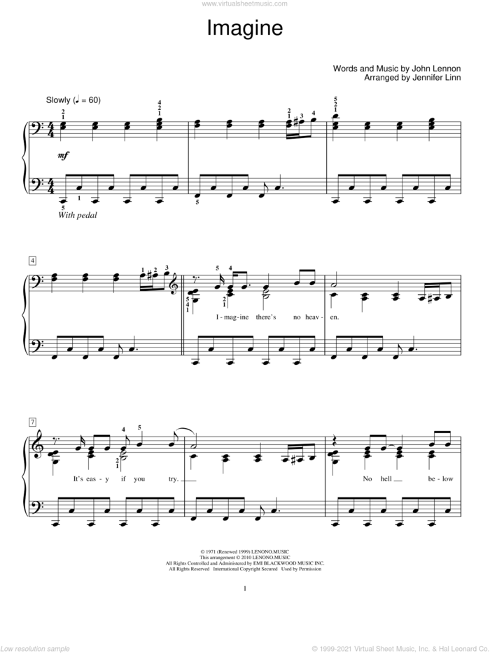 Imagine sheet music for piano solo (elementary) by John Lennon, Jennifer Linn and Miscellaneous, beginner piano (elementary)