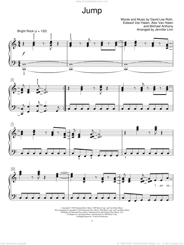 Jump sheet music for piano solo (elementary) by Edward Van Halen, Jennifer Linn, Miscellaneous, Alex Van Halen, David Lee Roth and Michael Anthony, beginner piano (elementary)