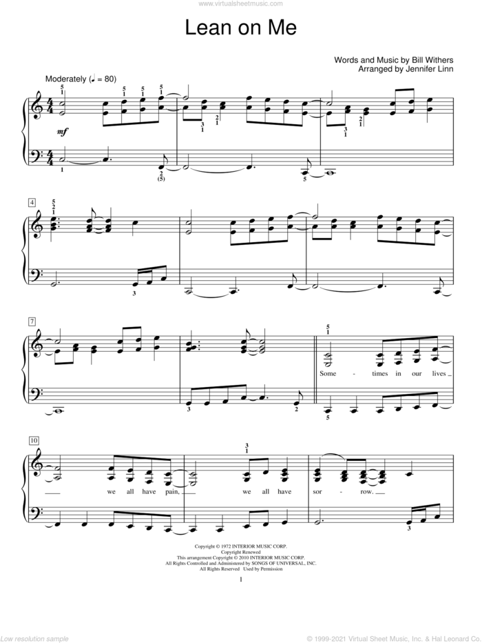 Lean On Me, (beginner) sheet music for piano solo (elementary) by Bill Withers, Jennifer Linn and Miscellaneous, beginner piano (elementary)