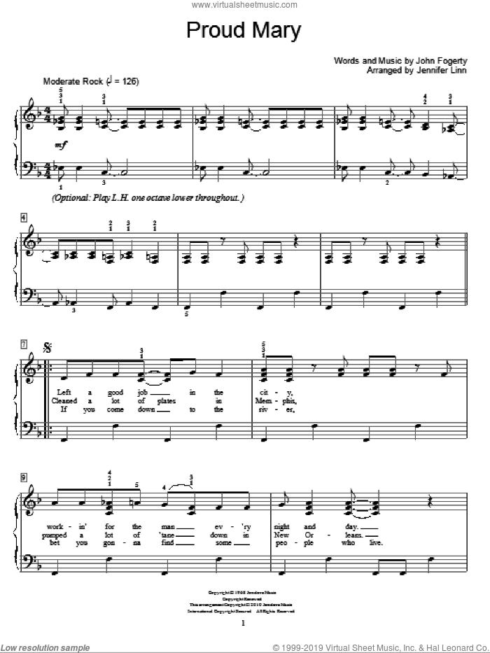 Proud Mary sheet music for piano solo (elementary) by John Fogerty, Jennifer Linn, Creedence Clearwater Revival and Miscellaneous, beginner piano (elementary)