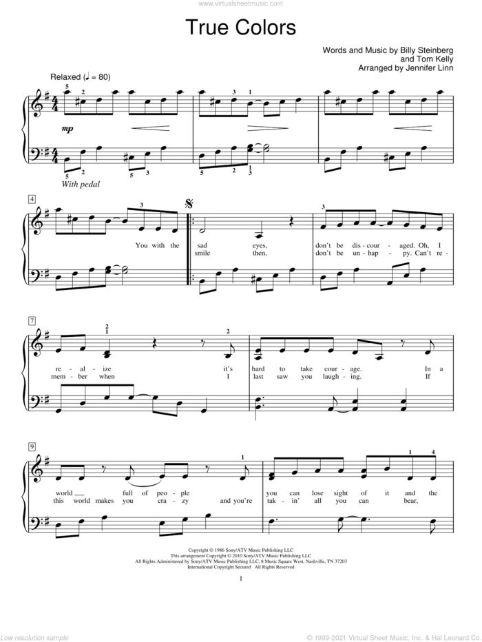 True Colors sheet music for piano solo (elementary) by Billy Steinberg, Jennifer Linn, Cyndi Lauper, Miscellaneous, Phil Collins and Tom Kelly, beginner piano (elementary)