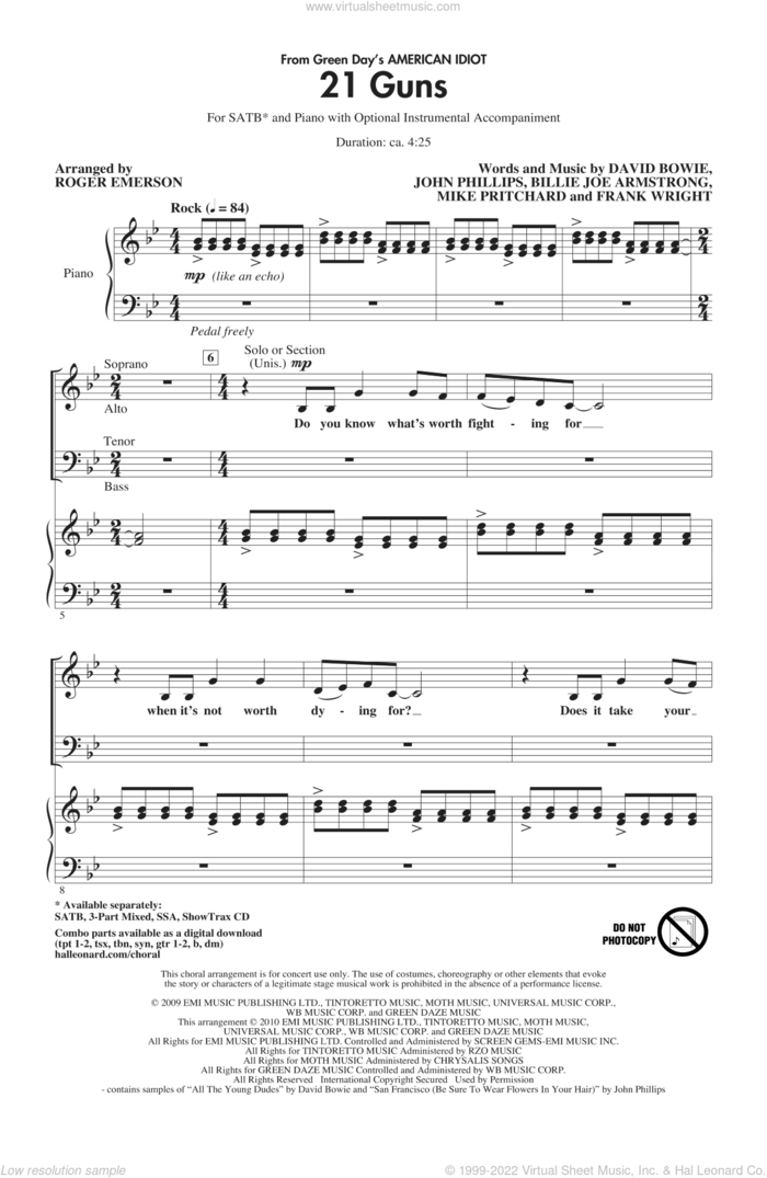 21 Guns (from Green Day's American Idiot) (arr. Roger Emerson) sheet music for choir (SATB: soprano, alto, tenor, bass) by David Bowie, Billie Joe Armstrong, Frank Wright, John Phillips, Mike Pritchard, Green Day and Roger Emerson, intermediate skill level