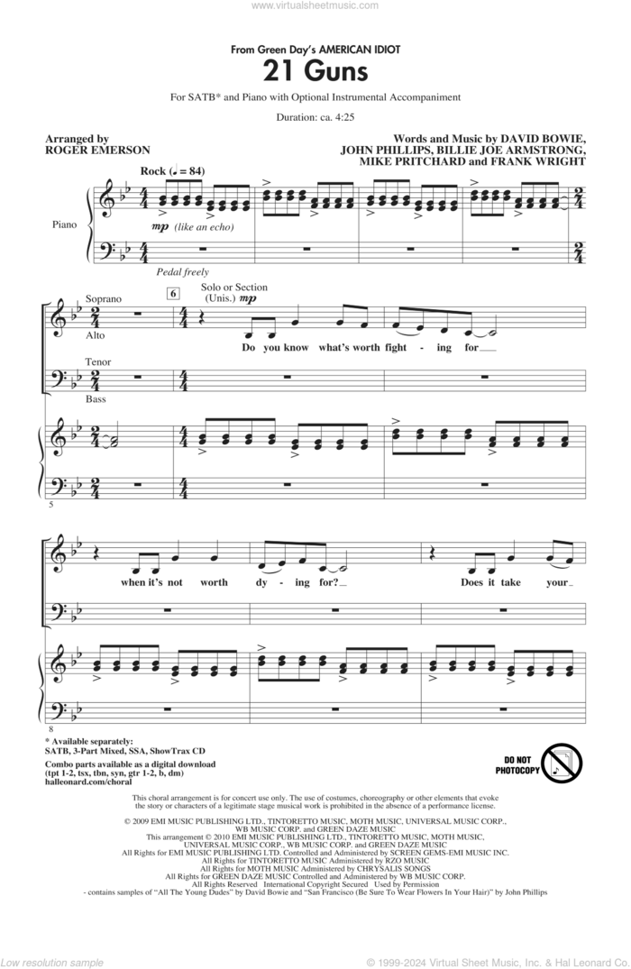 21 Guns (from Green Day's American Idiot) (arr. Roger Emerson) sheet music for choir (SATB: soprano, alto, tenor, bass) by David Bowie, Billie Joe Armstrong, Frank Wright, John Phillips, Mike Pritchard, Green Day and Roger Emerson, intermediate skill level