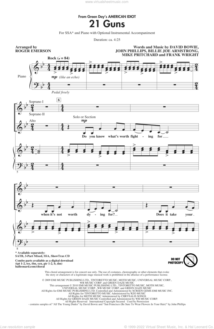 21 Guns (from Green Day's American Idiot) (arr. Roger Emerson) sheet music for choir (SSA: soprano, alto) by David Bowie, Billie Joe Armstrong, Frank Wright, John Phillips, Mike Pritchard, Green Day and Roger Emerson, intermediate skill level