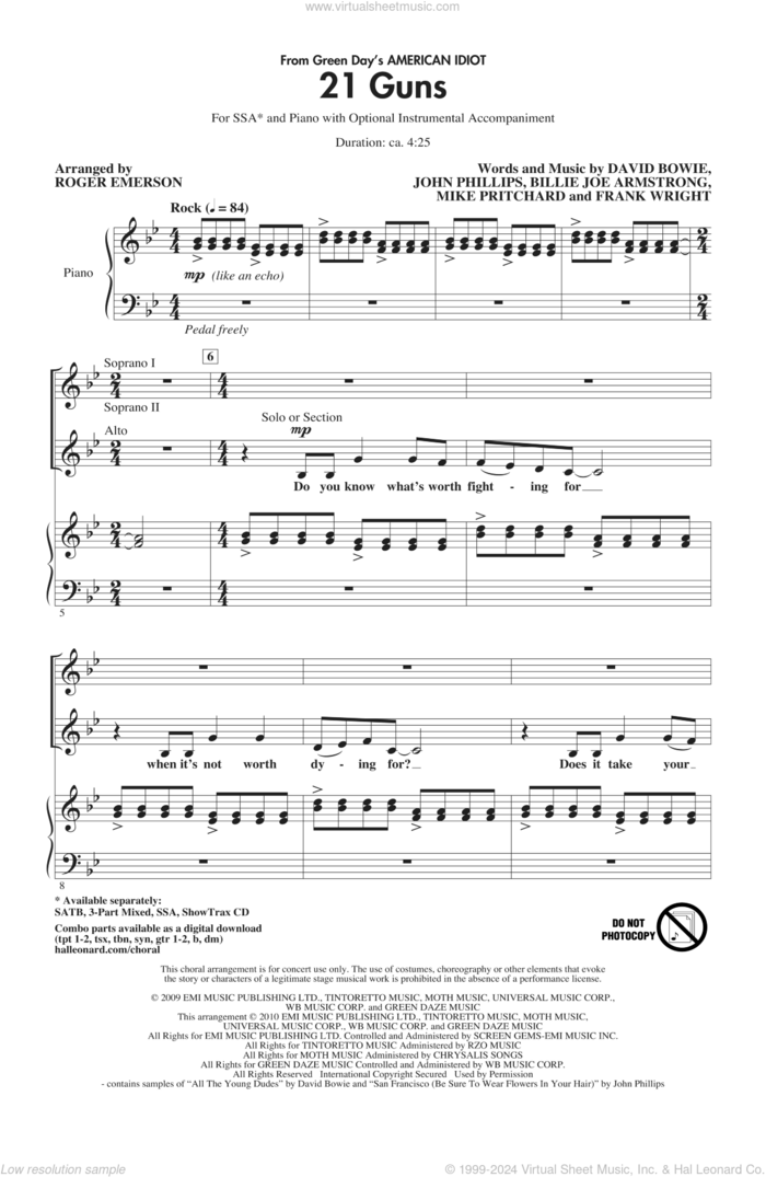 21 Guns (from Green Day's American Idiot) (arr. Roger Emerson) sheet music for choir (SSA: soprano, alto) by David Bowie, Billie Joe Armstrong, Frank Wright, John Phillips, Mike Pritchard, Green Day and Roger Emerson, intermediate skill level