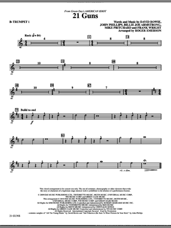 21 Guns (from American Idiot) (arr. Roger Emerson) sheet music for orchestra/band (trumpet 1) by David Bowie, Billie Joe Armstrong, Frank Wright, John Phillips, Mike Pritchard, Green Day and Roger Emerson, intermediate skill level
