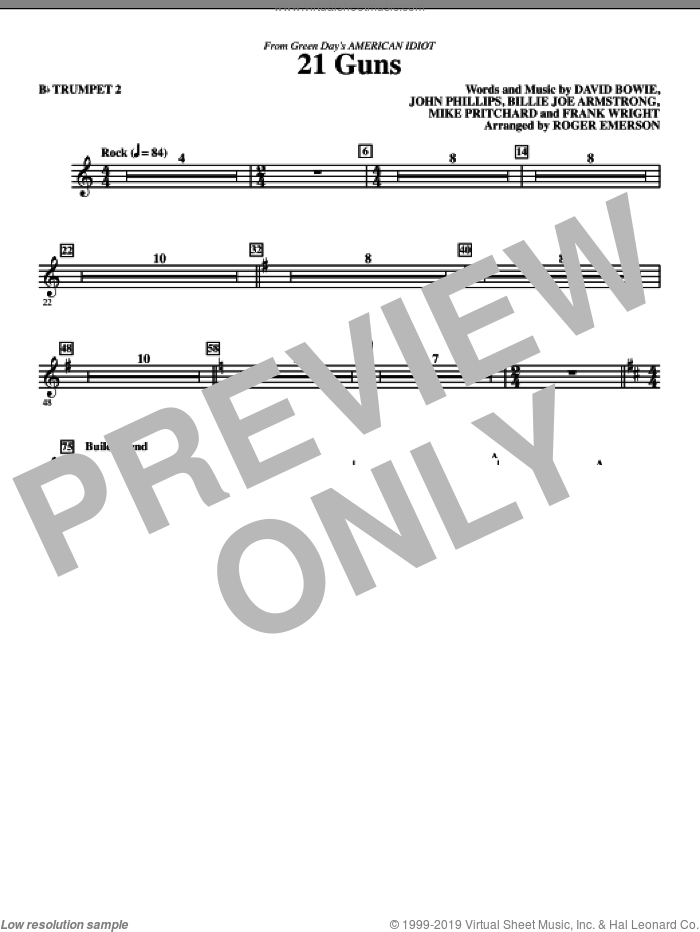 21 Guns (from American Idiot) (arr. Roger Emerson) sheet music for orchestra/band (trumpet 2) by David Bowie, Billie Joe Armstrong, Frank Wright, John Phillips, Mike Pritchard, Green Day and Roger Emerson, intermediate skill level