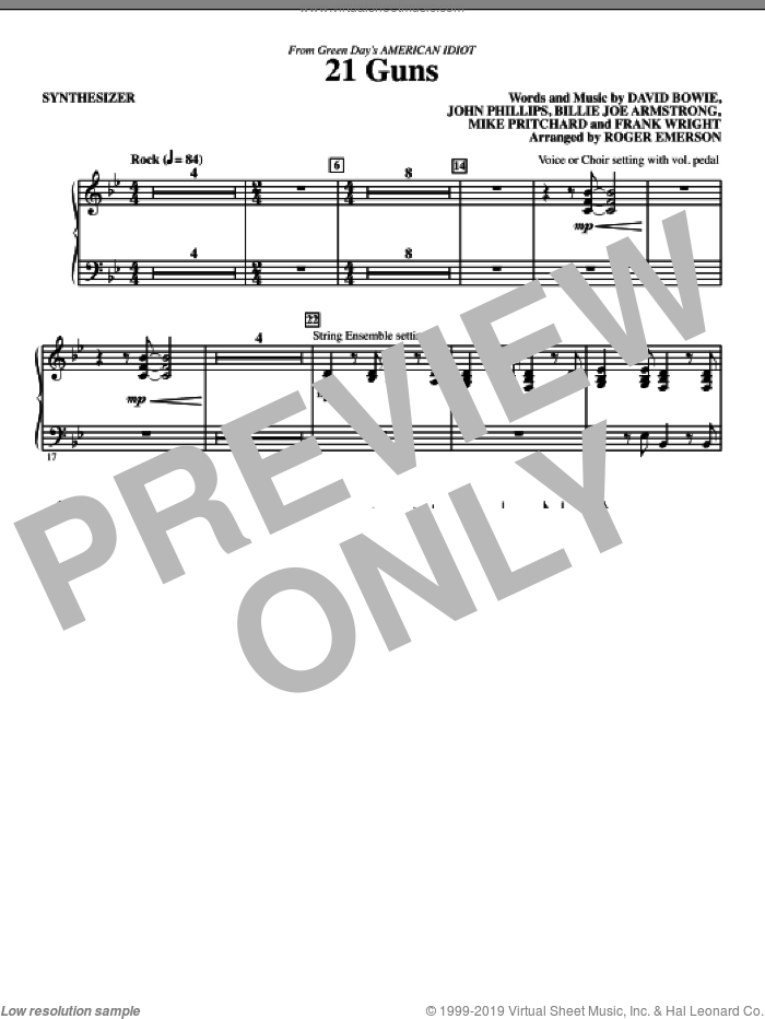 21 Guns (from American Idiot) (arr. Roger Emerson) sheet music for orchestra/band (synthesizer) by David Bowie, Billie Joe Armstrong, Frank Wright, John Phillips, Mike Pritchard, Green Day and Roger Emerson, intermediate skill level