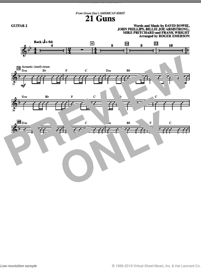 21 Guns (from American Idiot) (arr. Roger Emerson) sheet music for orchestra/band (guitar 2) by David Bowie, Billie Joe Armstrong, Frank Wright, John Phillips, Mike Pritchard, Green Day and Roger Emerson, intermediate skill level