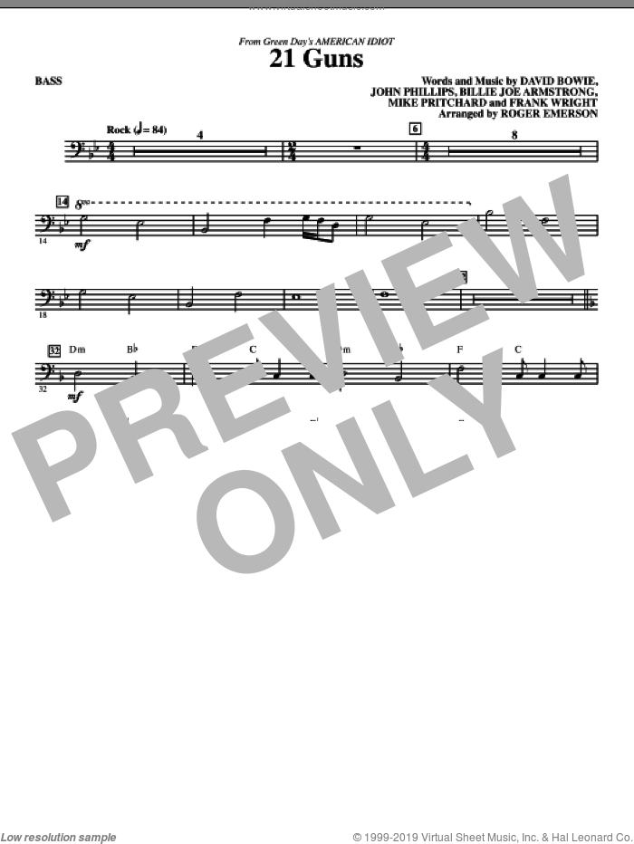 21 Guns (from American Idiot) (arr. Roger Emerson) sheet music for orchestra/band (bass) by David Bowie, Billie Joe Armstrong, Frank Wright, John Phillips, Mike Pritchard, Green Day and Roger Emerson, intermediate skill level