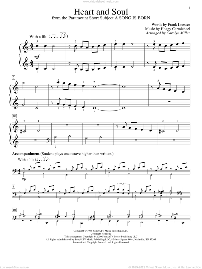 Heart And Soul sheet music for piano solo (elementary) by Hoagy Carmichael, Carolyn Miller and Frank Loesser, beginner piano (elementary)