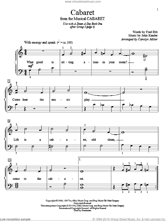Cabaret sheet music for piano solo (elementary) by Kander & Ebb, Carolyn Miller, Cabaret (Musical), Fred Ebb and John Kander, beginner piano (elementary)