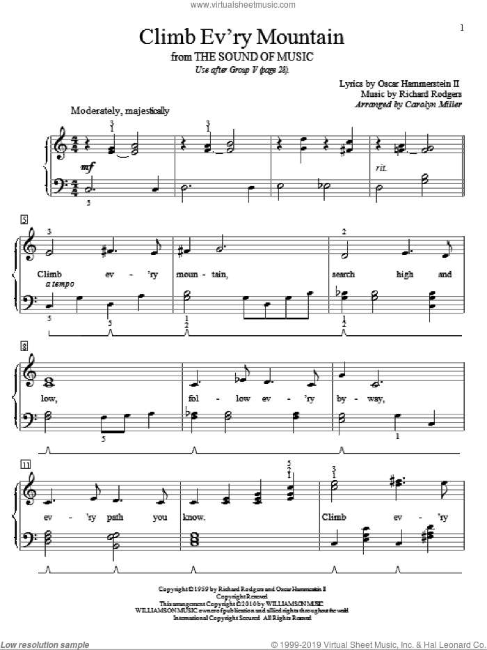 Climb Ev'ry Mountain sheet music for piano solo (elementary) by Rodgers & Hammerstein, Carolyn Miller, The Sound Of Music (Musical), Oscar II Hammerstein and Richard Rodgers, beginner piano (elementary)