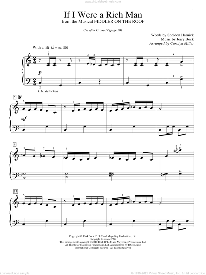 If I Were A Rich Man (from Fiddler On The Roof) (arr. Carolyn Miller) sheet music for piano solo (elementary) by Fiddler On The Roof (Musical), Carolyn Miller, Bock & Harnick, Jerry Bock and Sheldon Harnick, beginner piano (elementary)