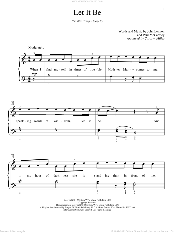Let It Be, (beginner) sheet music for piano solo (elementary) by The Beatles, Carolyn Miller, John Lennon and Paul McCartney, beginner piano (elementary)