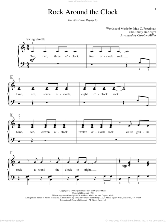 Rock Around The Clock sheet music for piano solo (elementary) by Bill Haley & His Comets, Carolyn Miller, Bill Haley, Jimmy DeKnight and Max C. Freedman, beginner piano (elementary)