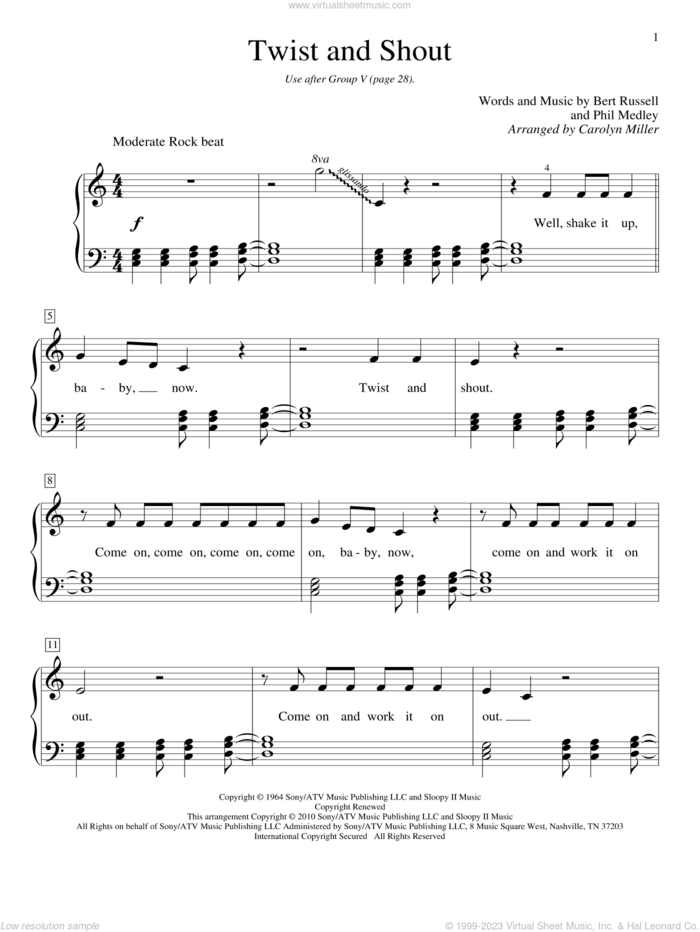 Twist And Shout sheet music for piano solo (elementary) by The Isley Brothers, Carolyn Miller, The Beatles, Bert Russell and Phil Medley, beginner piano (elementary)