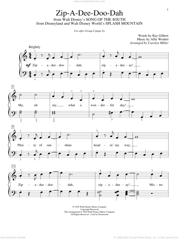 Zip-A-Dee-Doo-Dah (from Song Of The South) (arr. Carolyn Miller) sheet music for piano solo (elementary) by James Baskett, Carolyn Miller, Allie Wrubel and Ray Gilbert, beginner piano (elementary)