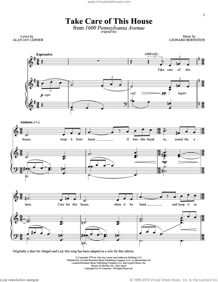 Take Care Of This House sheet music for voice and piano by Leonard Bernstein, 1600 Pennsylvania Avenue (Musical), Richard Walters and Alan Jay Lerner, intermediate skill level