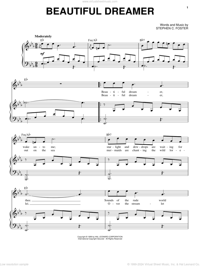 Beautiful Dreamer sheet music for voice and piano by Stephen Foster, intermediate skill level