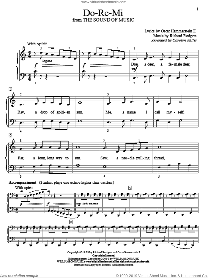 Do-Re-Mi sheet music for piano solo (elementary) by Rodgers & Hammerstein, Carolyn Miller, The Sound Of Music (Musical), Oscar II Hammerstein and Richard Rodgers, beginner piano (elementary)