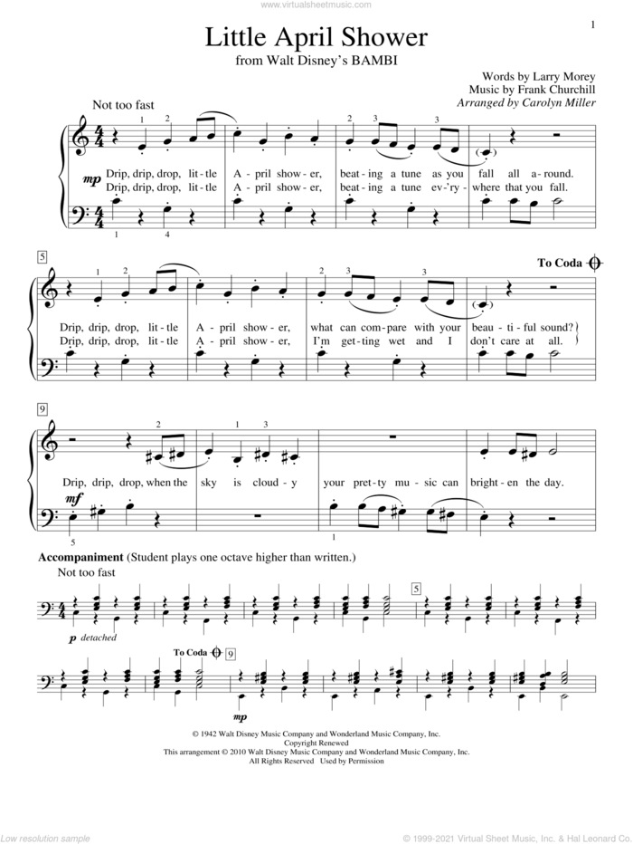 Little April Shower sheet music for piano solo (elementary) by Frank Churchill, Carolyn Miller, Bambi II (Movie) and Larry Morey, beginner piano (elementary)