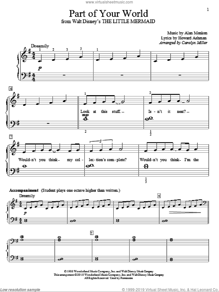 Part Of Your World (from The Little Mermaid) sheet music for piano solo (elementary) by Alan Menken, Carolyn Miller, The Little Mermaid (Movie) and Howard Ashman, beginner piano (elementary)