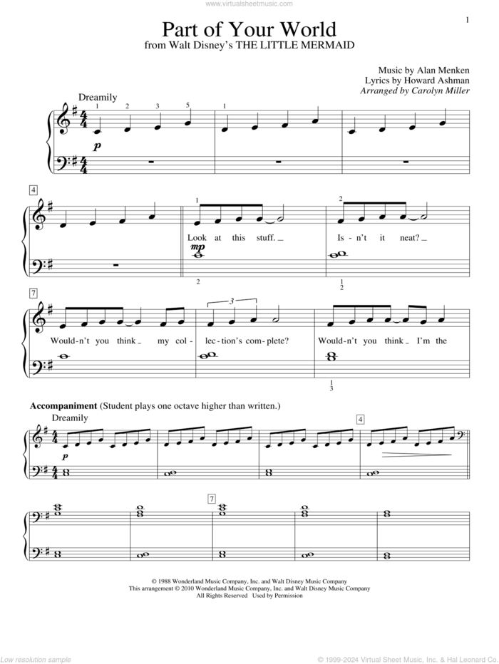 Part Of Your World (from The Little Mermaid) (arr. Carolyn Miller) sheet music for piano solo (elementary) by Alan Menken, Carolyn Miller, The Little Mermaid (Movie), Alan Menken & Howard Ashman and Howard Ashman, beginner piano (elementary)