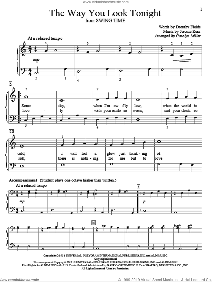 The Way You Look Tonight sheet music for piano solo (elementary) by Jerome Kern, Carolyn Miller and Dorothy Fields, beginner piano (elementary)