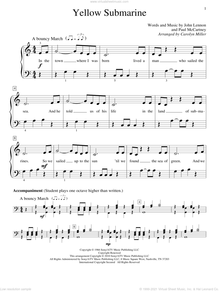 Yellow Submarine sheet music for piano solo (elementary) by The Beatles, Carolyn Miller, John Lennon and Paul McCartney, beginner piano (elementary)
