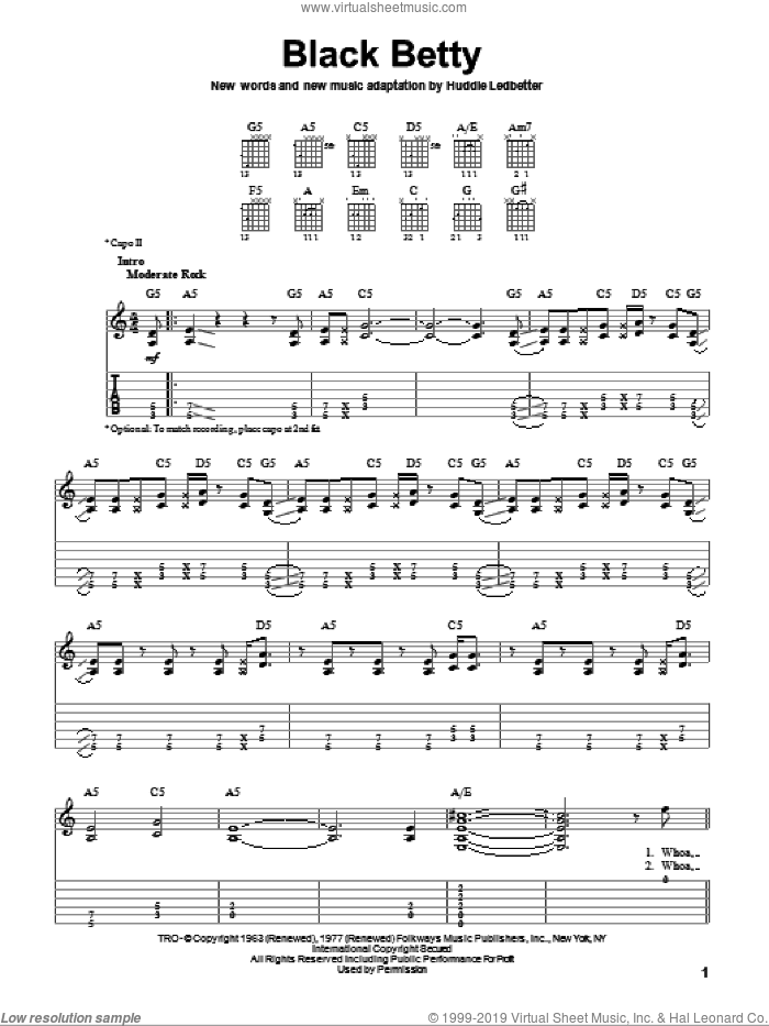 Black Betty sheet music for guitar solo (easy tablature) by Ram Jam, Lead Belly and Huddie Ledbetter, easy guitar (easy tablature)