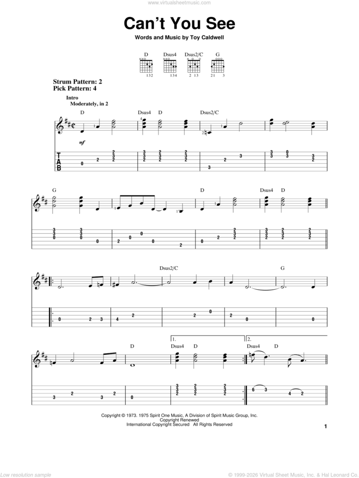 Can't You See sheet music for guitar solo (easy tablature) by Marshall Tucker Band and Toy Caldwell, easy guitar (easy tablature)