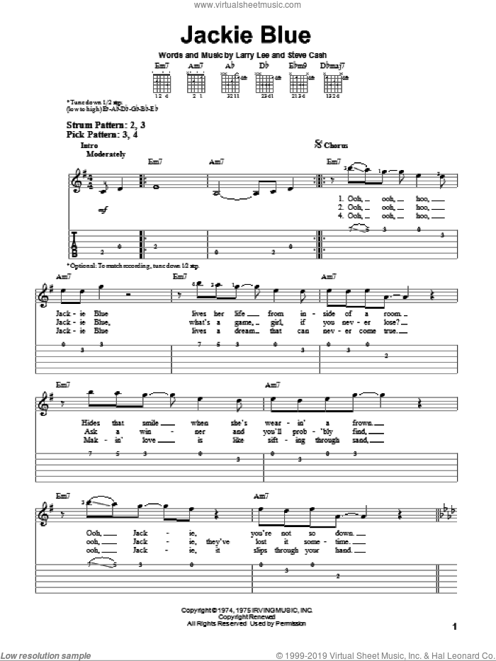 Jackie Blue sheet music for guitar solo (easy tablature) by Ozark Mountain Daredevils, Larry Lee and Steve Cash, easy guitar (easy tablature)