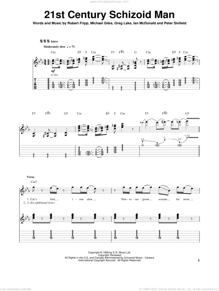 21st Century Schizoid Man sheet music for guitar (tablature, play-along) by King Crimson, Greg Lake, Ian McDonald, Michael Giles, Peter Sinfield and Robert Fripp, intermediate skill level