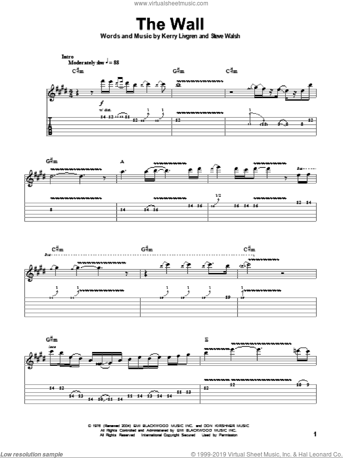 The Wall sheet music for guitar (tablature, play-along) by Kansas, Kerry Livgren and Steve Walsh, intermediate skill level