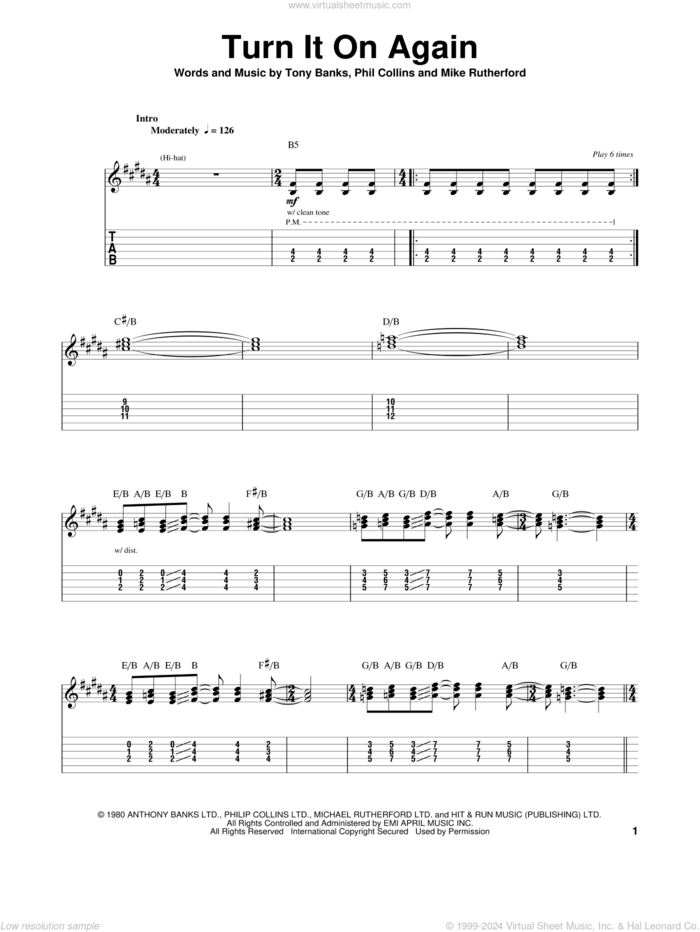 Genesis - Turn It On Again sheet music for guitar (tablature, play-along)