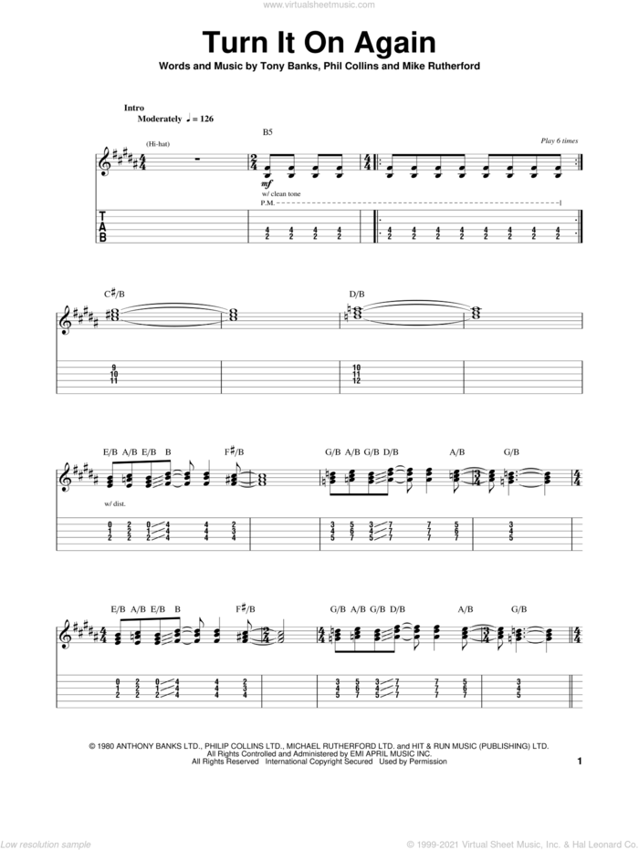 Turn It On Again sheet music for guitar (tablature, play-along) by Genesis, Mike Rutherford, Phil Collins and Tony Banks, intermediate skill level