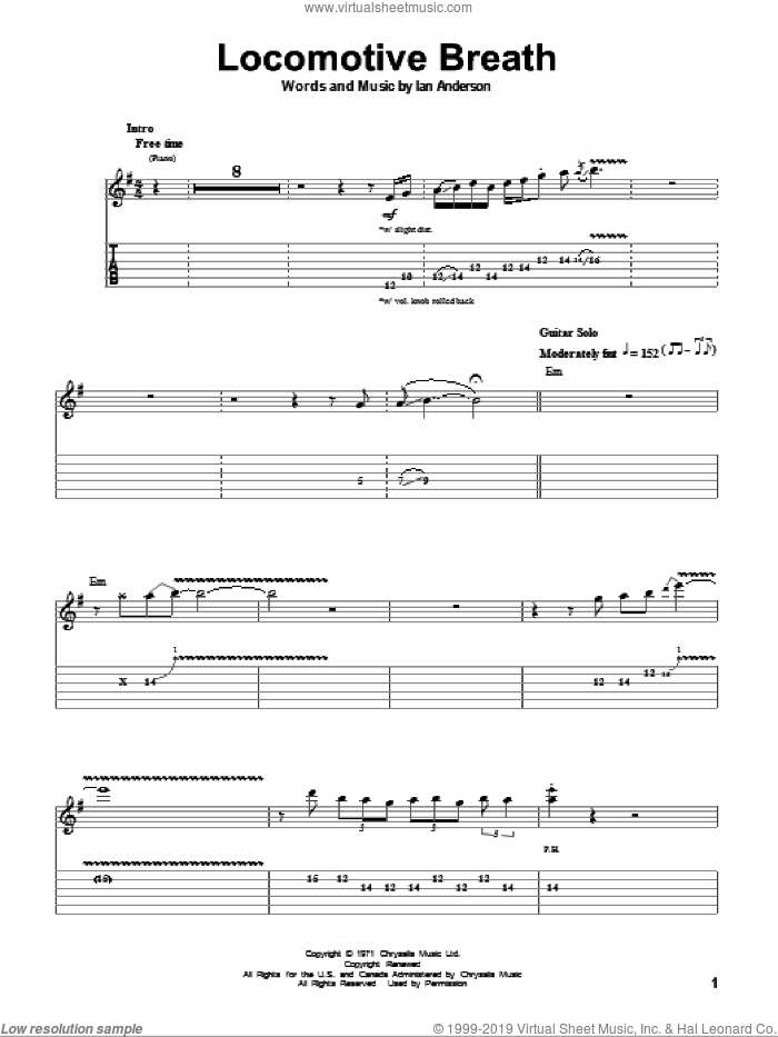 Locomotive Breath sheet music for guitar (tablature, play-along) by Jethro Tull and Ian Anderson, intermediate skill level