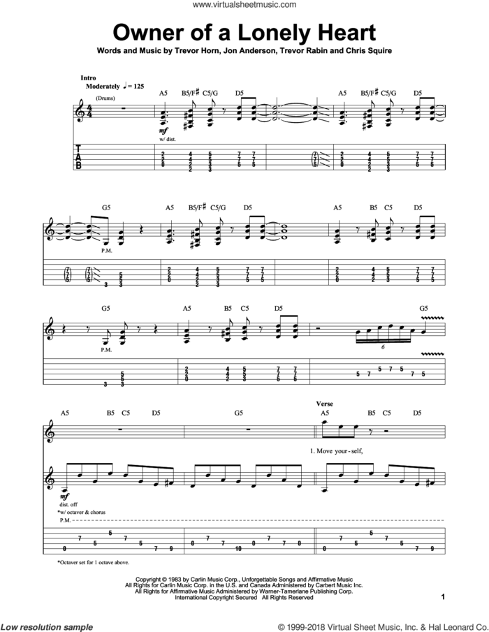 Owner Of A Lonely Heart sheet music for guitar (tablature, play-along) by Yes, Chris Squire, Jon Anderson, Trevor Horn and Trevor Rabin, intermediate skill level
